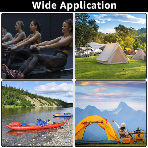 Collage showing various applications: women exercising indoors, tents in a campground, kayaks by a river, and camping in mountains.