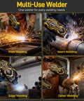 Multi-use welder for plate, seam, edge, and detail welding with sparks and protective gloves visible