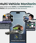 Image showing a multi-vehicle monitoring app interface with various cars, tracking maintenance for different family members.