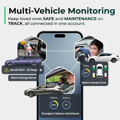 Image showing a multi-vehicle monitoring app interface with various cars, tracking maintenance for different family members.