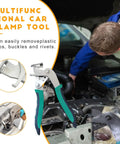 Man using a Multifunctional Car Clamp Tool in engine, detailed view of grips, designed for clip removal in auto work.