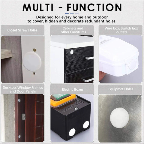White 3/8 Inch Plastic Hole Plugs For Panels Cabinets Fencing And Pipes Flush Snap In Locking End Caps 60 Pack Nylon RoHS Compliant BOPOREAE image showing uses on closet, cabinets, wire box, window frames, electric boxes, equipment holes.