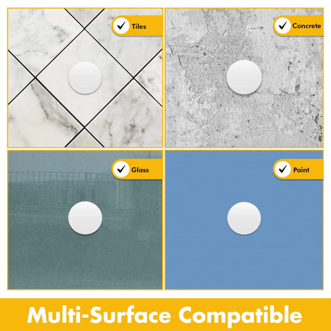 Door Stoppers for Wall – Clean and Dry Surface Required for Strong Adhesive showing compatibility with tiles, concrete, glass, and paint surfaces.