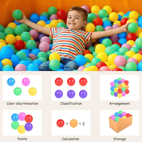 Child in ball pit with multicolored ball pit balls for baby and toddler, phthalate free BPA free crush proof plastic, learning concepts guide.