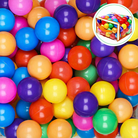 Colorful ball pit balls for baby and toddler, 50-piece set, phthalate BPA free, crush-proof plastic, shown with storage bag inset