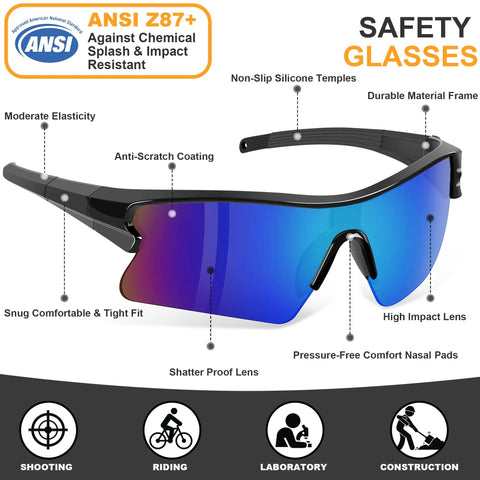 SixPack Multicolor Safety Glasses ANSI Z87.1 UV400 Anti Splash Scratch Resistant with labeled features diagram.