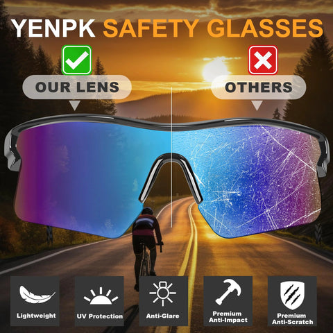 SixPack Multicolor Safety Glasses ANSI Z87.1 UV400 Anti Splash Scratch Resistant with lens comparison against sunset background