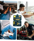 Multifunction Home Repair Tool Kit With Handy Storage Case for DIY projects shown with men using tools for repairs