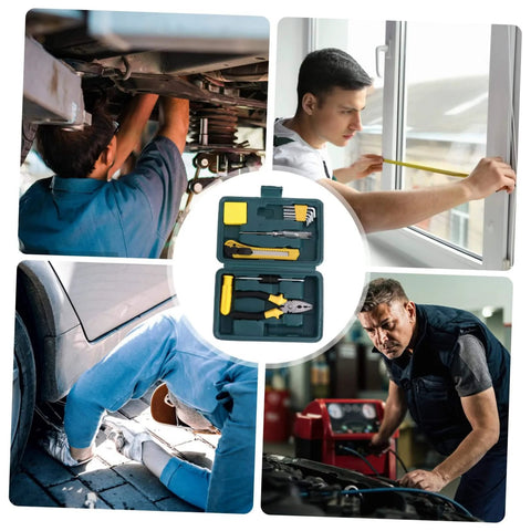 Multifunction Home Repair Tool Kit With Handy Storage Case for DIY projects shown with men using tools for repairs