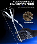 Close-up of multifunctional brake spring pliers from 10pc Drum Brake Tool Kit, shown with dimensions and notched end detail.
