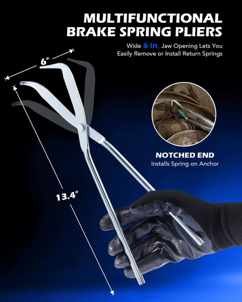 Close-up of multifunctional brake spring pliers from 10pc Drum Brake Tool Kit, shown with dimensions and notched end detail.