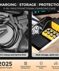 Rechargeable AA And AAA Lithium Batteries With Charger And Storage Case in organized drawer, contrasting cluttered mess