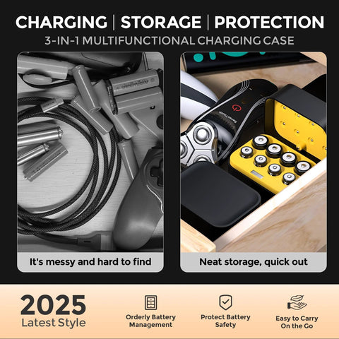 Rechargeable AA And AAA Lithium Batteries With Charger And Storage Case in organized drawer, contrasting cluttered mess