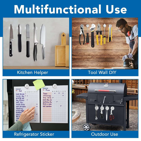 Collage showing multifunctional uses of 150 Lb Cup Magnets With Holes For Wall Mounting Waterproof Neodymium Magnets With Screws 6 Pack.