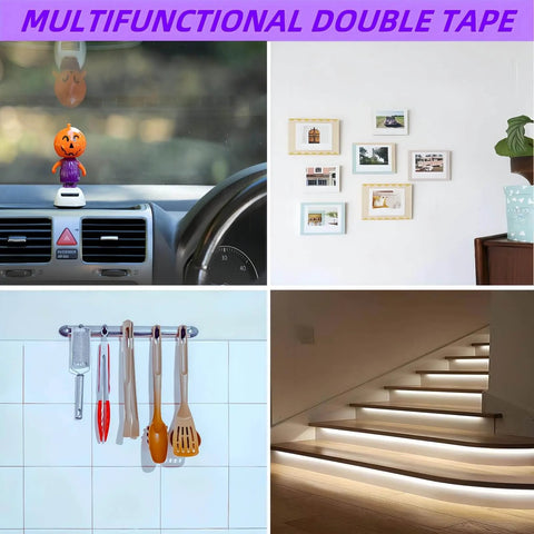 Heavy Duty Double Sided Mounting Tape Waterproof Adhesive Strip For Indoor Outdoor Use Quarter Inch Thick By Fifteen Point Four Feet Long Ultra Strong Grip For Automotive Trim LED Light Strips Home Decor And Garage Organization visible in various settings