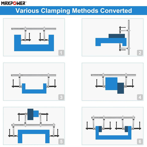 Diagram of various clamping methods using Multifunctional F Clamp 15 3 4 Inch Double Force Bar Clamp for welding and woodworking.