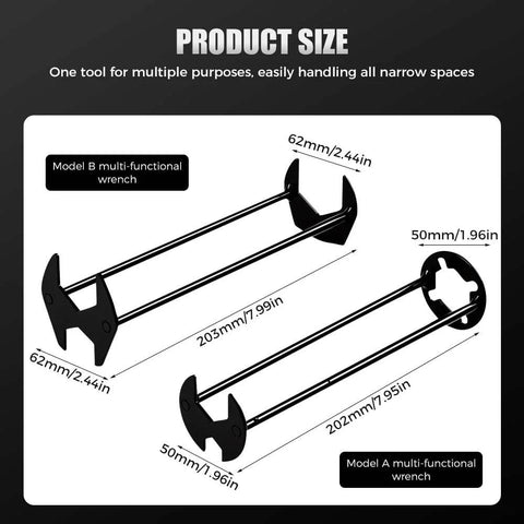 Model A and Model B of Two Piece Multifunctional Sink Wrench Set For Tight Spaces Basin Wrench Faucet Tool with size dimensions.