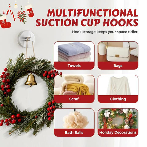 Golden Suction Cup Hooks For Glass And Tile Surfaces No Drill Wreath Hanger shown with holiday wreath and storage ideas