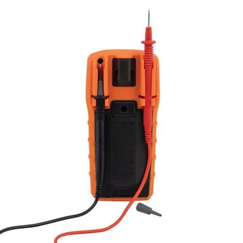 Back view of Multimeter, Digital Manual-Ranging 600V AC/DC Voltage Tester with red and black probes