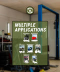 Sign showing multiple applications for the TERA PUMP - Electric 55 Gallon Drum Pump, with icons for vehicles and equipment in a workshop.