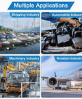 Collage of four applications: boats for shipping, car engine for automobile, robotic arms in machinery, airplane for aviation.