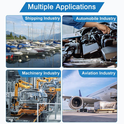 Collage of four applications: boats for shipping, car engine for automobile, robotic arms in machinery, airplane for aviation.