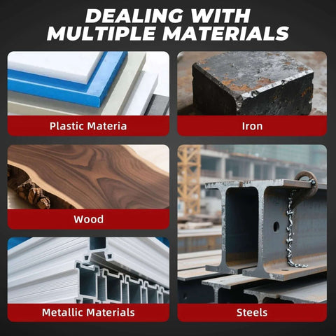 Image collage showing various materials: plastic, iron, wood, metallic materials, steels, labeled as 'Dealing with Multiple Materials'.