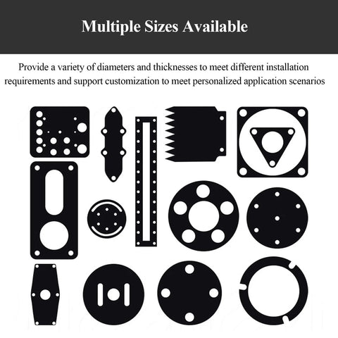 Diagram showing multiple sizes of rubber pads for heavy equipment use. Pack Of 20 4 Millimeter Thick Rubber Round Pads for machinery support.