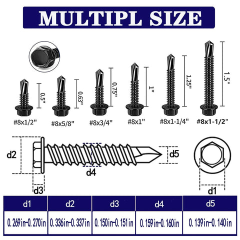 Illustration of multiple sizes of screws including 100pcs 410 Stainless Steel #8x1-1/4 Hex Washer Head Self Drilling Screws and dimensions.