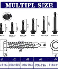 Various sizes of 410 Stainless Steel Hex Washer Head Self Drilling Screws with dimensions, black oxide finish.