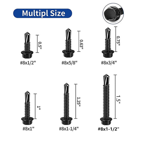 100pcs 410 Stainless Steel #8x5/8 Hex Washer Head Self Drilling Screws, Black Oxide Self Tapping Tek Screws Size Chart