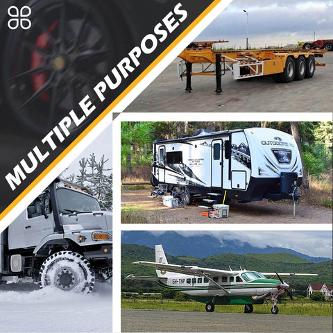 Versatile Rubber Wheel Chocks For RV Trailer Camper Truck And Car 2 Pair Or 4 Pack With Rope Reflective Strips Heavy Duty Tire Block Stopper shown in use with various vehicles including trailers and trucks.