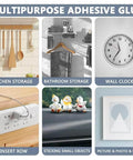 Multipurpose adhesive glue uses in kitchen, bathroom, clock, power strip, small objects, and picture frame mounting