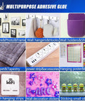 Grid showing multipurpose adhesive glue uses: picture frames, wall hooks, carpet, power strips, posters, and decorative items.