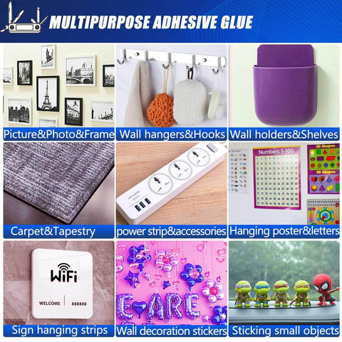 Grid showing multipurpose adhesive glue uses: picture frames, wall hooks, carpet, power strips, posters, and decorative items.