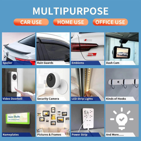 Chart showing multipurpose use of Ultra Strength Heavy Duty Double Sided Tape With Industrial Adhesive Waterproof Foam Mounting Tape For Indoor And Outdoor Use Multipurpose Wall Mount And Automotive Adhesive 0.6 Inch By 30 Feet 2 Rolls in car, home, and office settings.