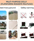 Multi-purpose dolly use and safety warning guidelines with images showing ground types and safety precautions for heavy duty spliceable wood furniture dolly set of 2.