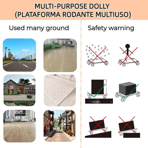 Multi-purpose dolly use and safety warning guidelines with images showing ground types and safety precautions for heavy duty spliceable wood furniture dolly set of 2.