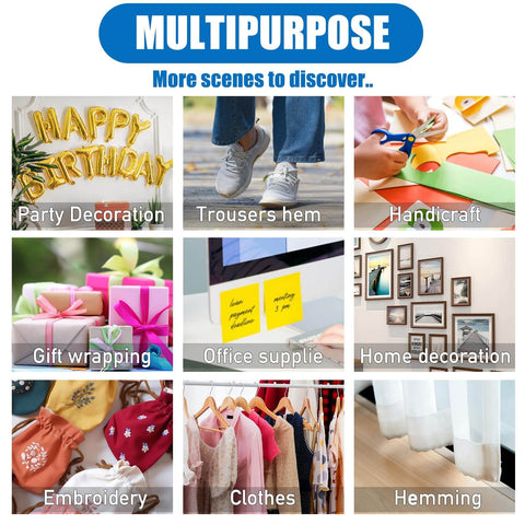 Multipurpose use of double sided fabric tape for crafts, hemming, decoration, and more, showcasing various applications.
