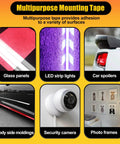 Display of 1-Inch Wide Double Sided Foam Tape For Outdoor Use Waterproof Heavy-Duty Mounting Tape With Super Strong Adhesive That Holds Tight Great For Automotive Interior Or Exterior Decor Quick Install 15 Ft Length on various surfaces including glass panels, LED strip lights, car spoilers, body side moldings, security cameras, and photo frames.