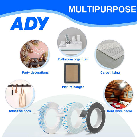 Heavy Duty Clear Double Sided Foam Tape For Wall Mounting Removable No Residue Damage Free Paint Safe Hang Posters Office Use 1In By 20Ft Roll 1.1Mm Thick Transparent Great For Pictures And Decor displayed in multipurpose usage infographic.
