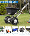 4.10/3.50-4 Flat Free 10 Inch Solid Tires and Wheels Replacement on garden trolley in use, showcasing heavy duty PU tires.