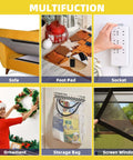 Collage showing various uses of heavy-duty Velcro strips with adhesive, including sofa, footpad, socket, ornament, storage, and screen window.