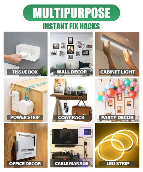 Multipurpose uses including tissue box, wall and party decor, cabinet light, power strip, coat rack, cable management, LED strip.