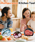 Family using Onion Slicer and Holder With Pro Grade 10 Stainless Steel Prongs For Stable Even Slicing Safe Non Slip Base kitchen tool