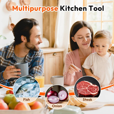 Family using Onion Slicer and Holder With Pro Grade 10 Stainless Steel Prongs For Stable Even Slicing Safe Non Slip Base kitchen tool