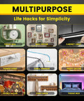 Image showcasing various multipurpose life hacks including tissue box, wall decor, cabinet light, power strip, party decor.