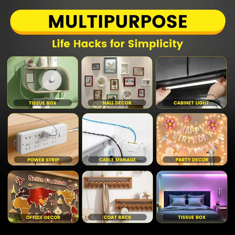 Image showcasing various multipurpose life hacks including tissue box, wall decor, cabinet light, power strip, party decor.