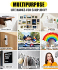 Collage of home organization solutions including tissue box, wall decor, shelves, power strip, and various hooks for indoor use