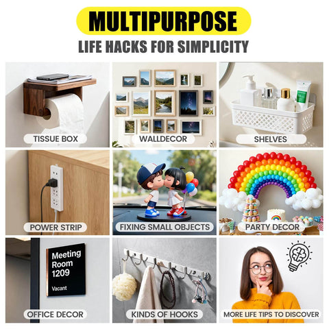 Collage of home organization solutions including tissue box, wall decor, shelves, power strip, and various hooks for indoor use